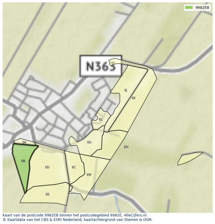 Afbeelding van het postcodegebied 9982 EB op de kaart.