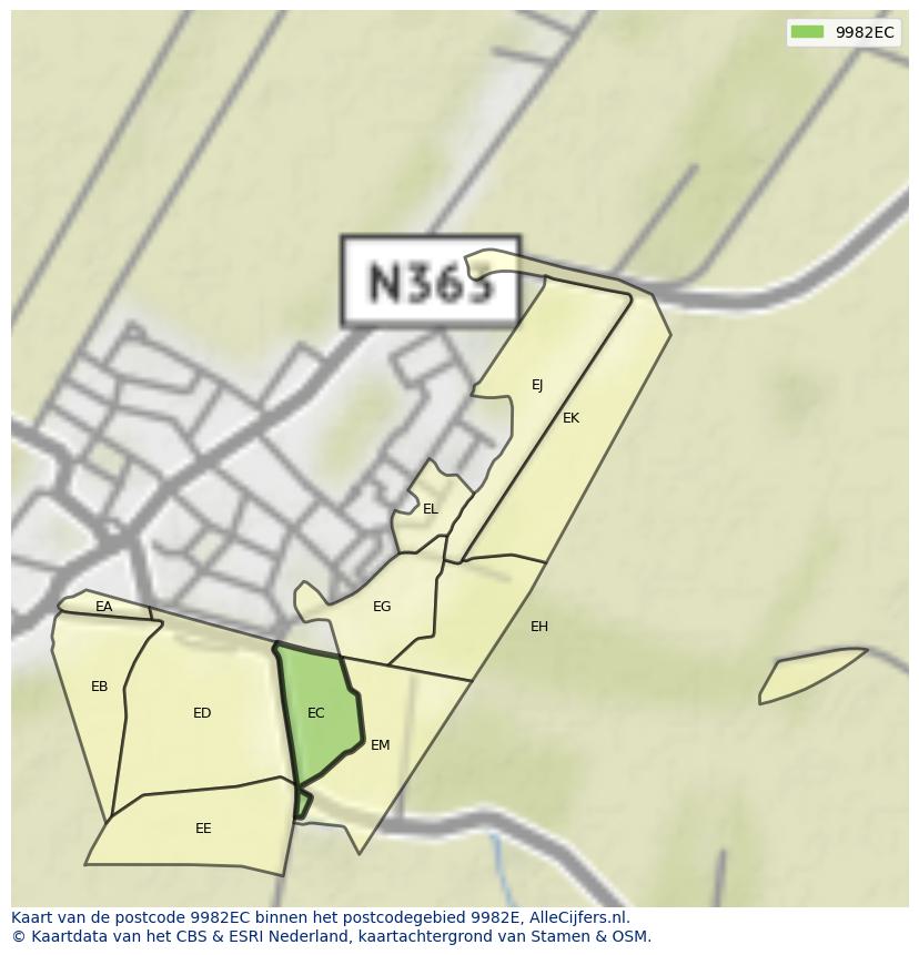 Afbeelding van het postcodegebied 9982 EC op de kaart.