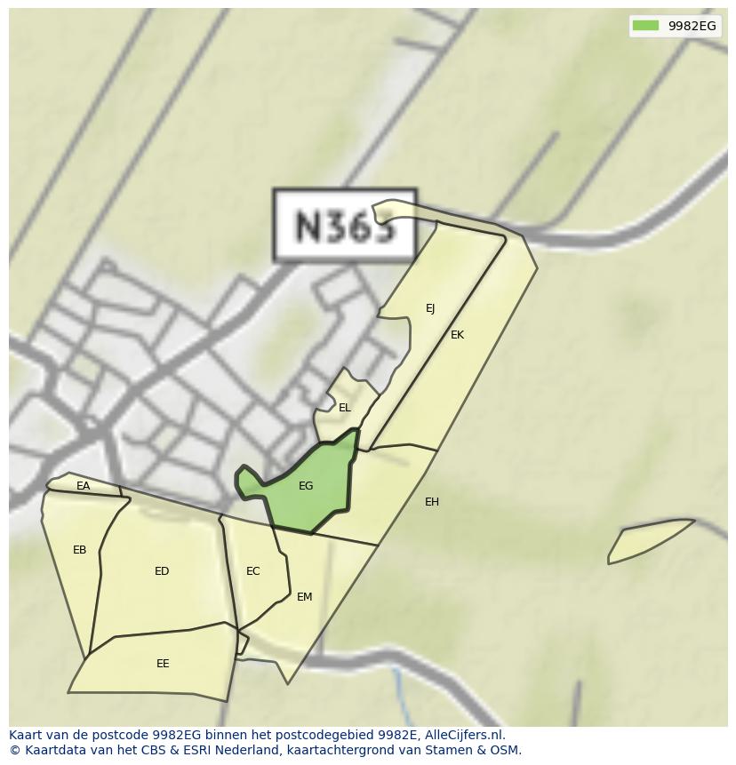 Afbeelding van het postcodegebied 9982 EG op de kaart.
