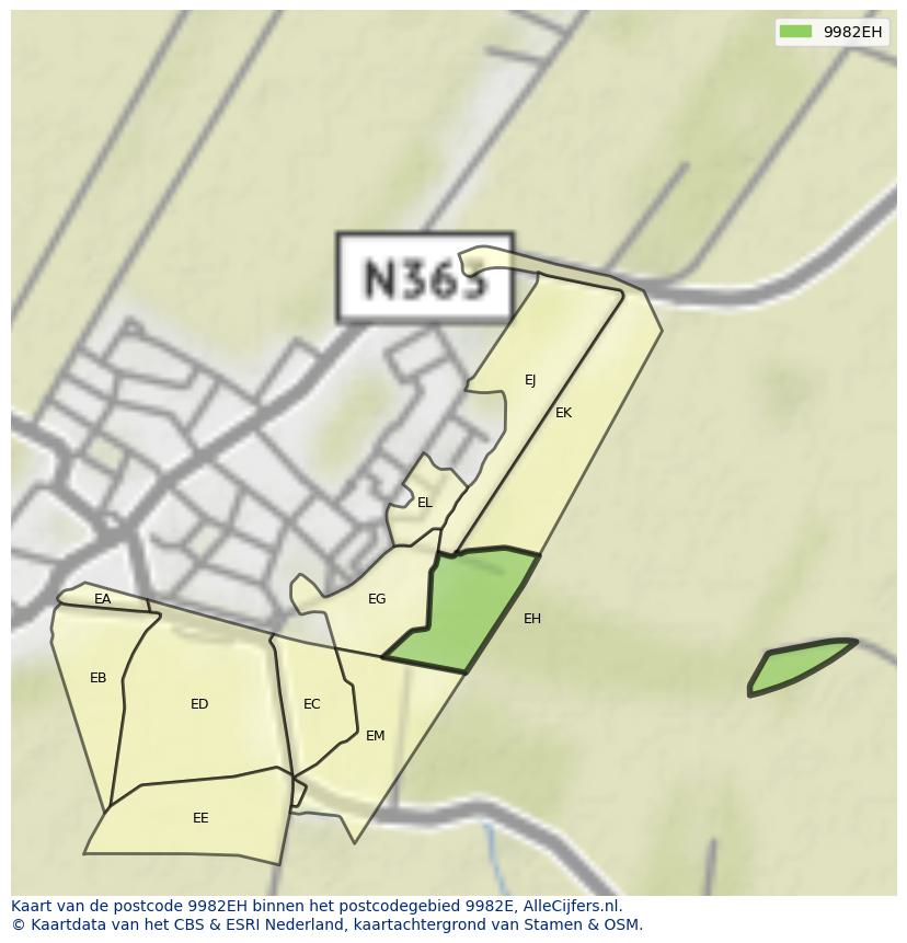 Afbeelding van het postcodegebied 9982 EH op de kaart.