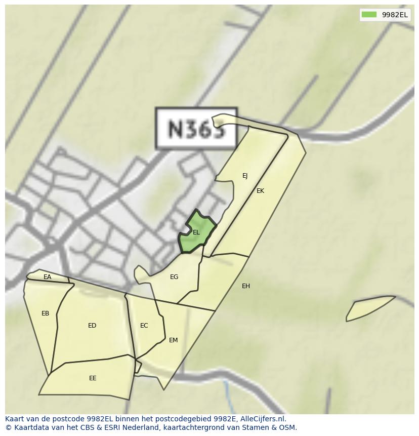 Afbeelding van het postcodegebied 9982 EL op de kaart.