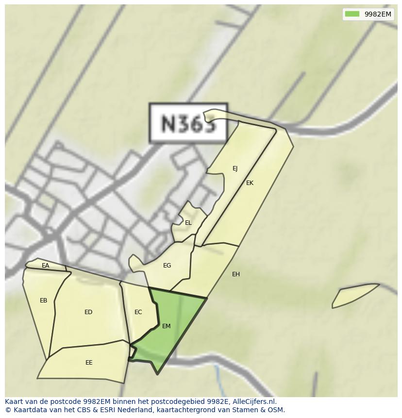 Afbeelding van het postcodegebied 9982 EM op de kaart.