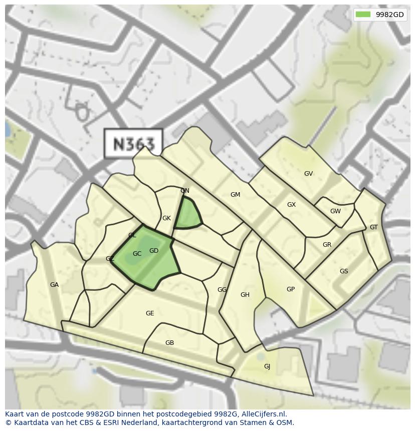 Afbeelding van het postcodegebied 9982 GD op de kaart.