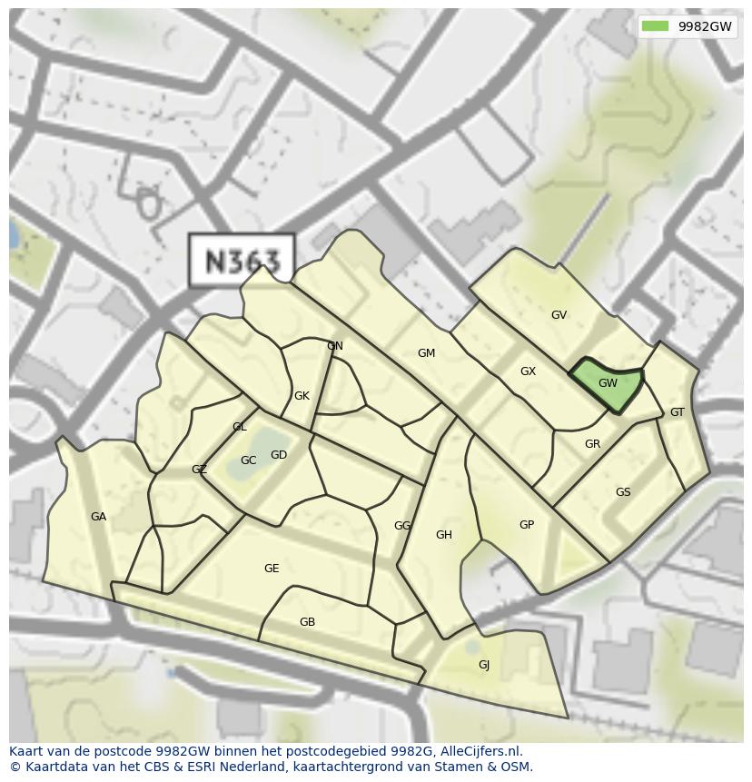 Afbeelding van het postcodegebied 9982 GW op de kaart.