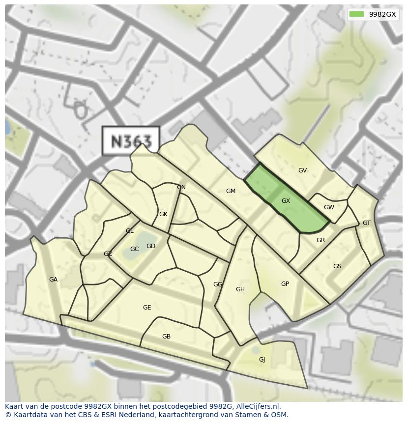 Afbeelding van het postcodegebied 9982 GX op de kaart.