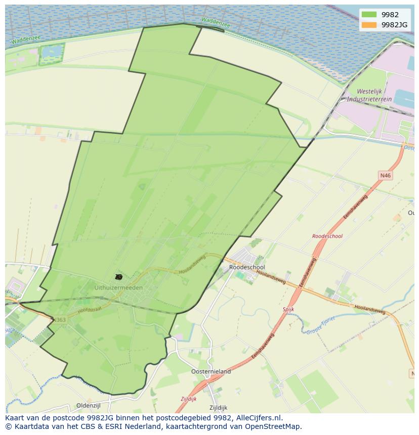 Afbeelding van het postcodegebied 9982 JG op de kaart.