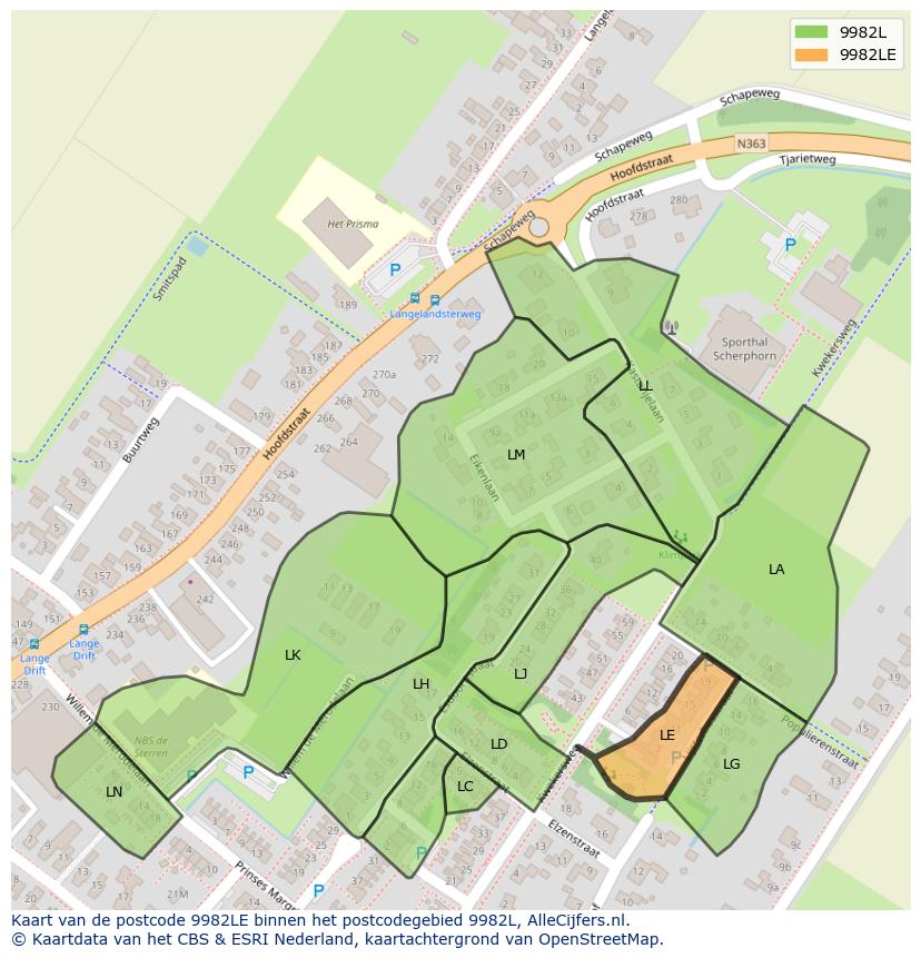 Afbeelding van het postcodegebied 9982 LE op de kaart.