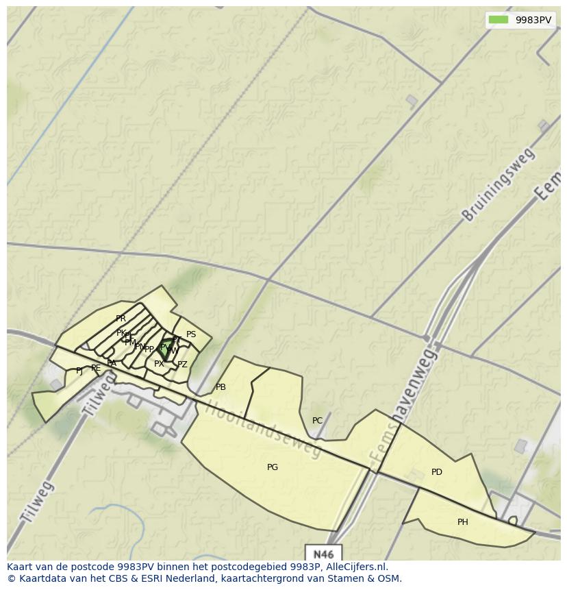 Afbeelding van het postcodegebied 9983 PV op de kaart.