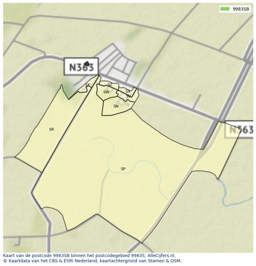 Afbeelding van het postcodegebied 9983 SB op de kaart.
