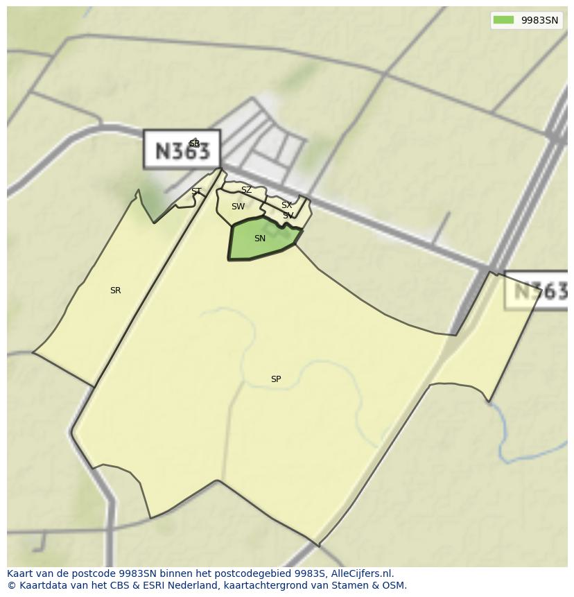 Afbeelding van het postcodegebied 9983 SN op de kaart.