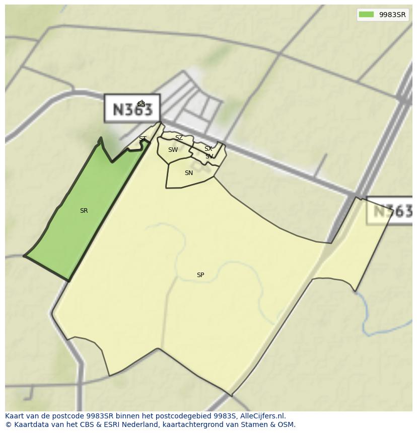 Afbeelding van het postcodegebied 9983 SR op de kaart.
