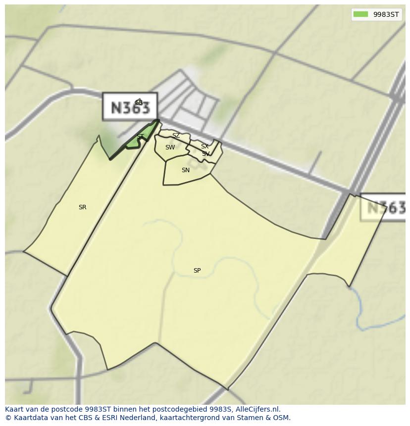 Afbeelding van het postcodegebied 9983 ST op de kaart.