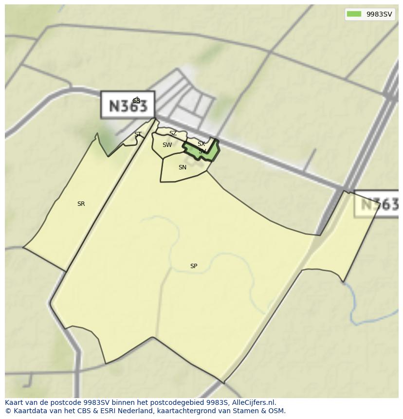 Afbeelding van het postcodegebied 9983 SV op de kaart.
