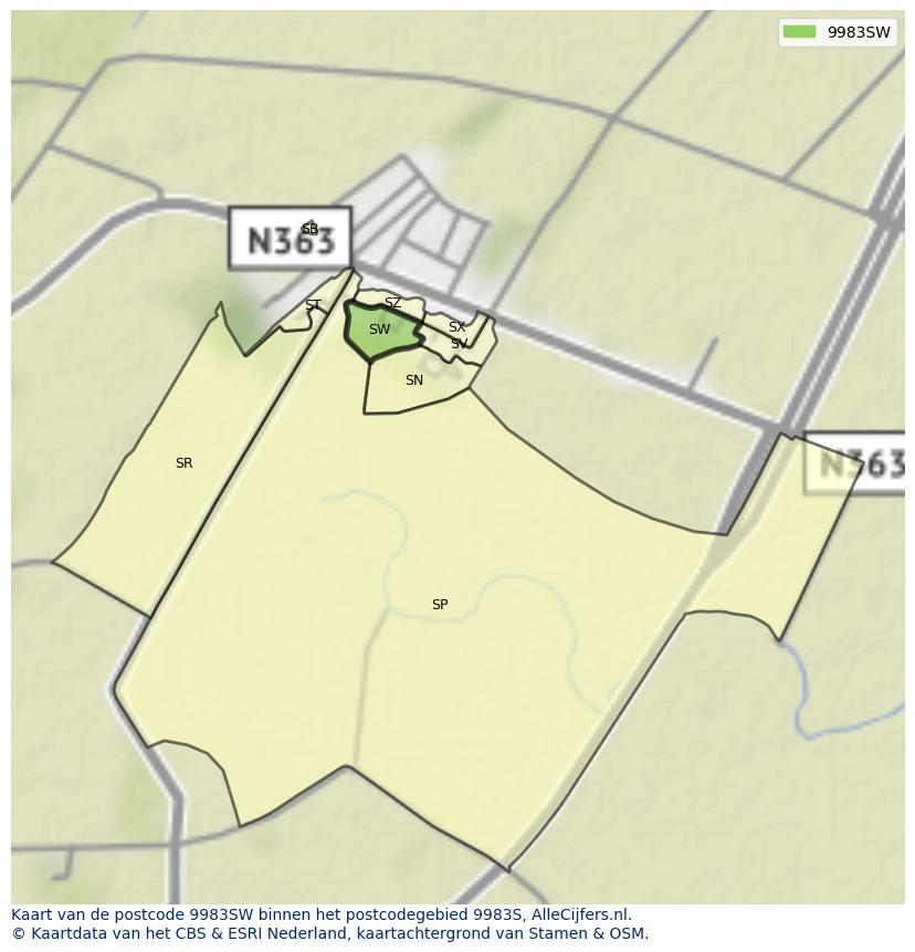 Afbeelding van het postcodegebied 9983 SW op de kaart.