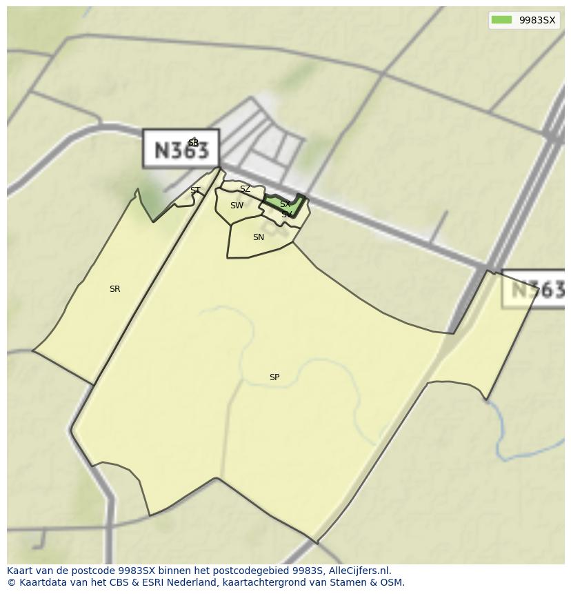 Afbeelding van het postcodegebied 9983 SX op de kaart.
