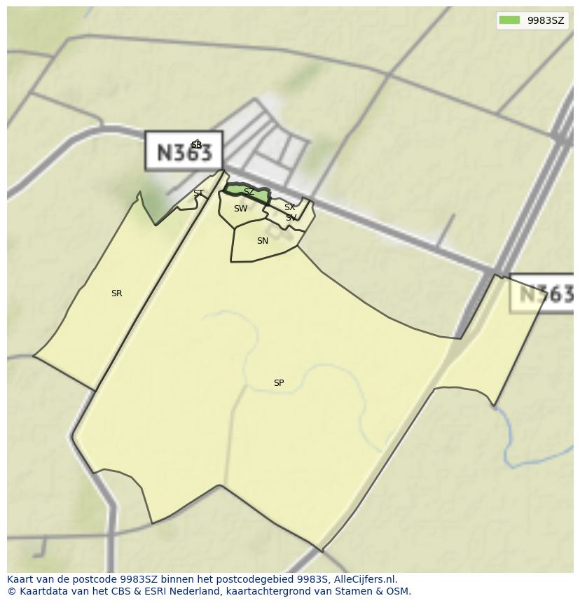 Afbeelding van het postcodegebied 9983 SZ op de kaart.