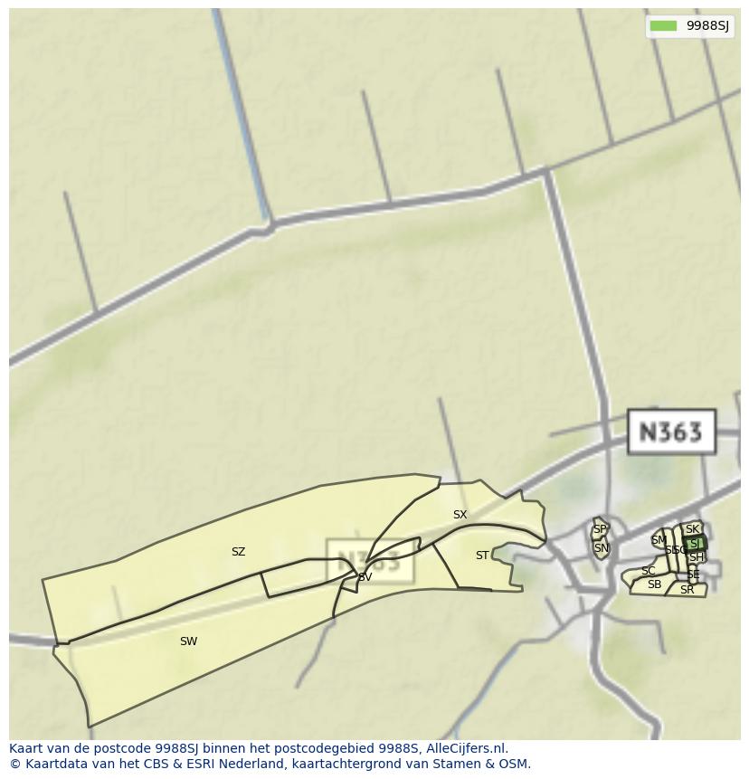 Afbeelding van het postcodegebied 9988 SJ op de kaart.