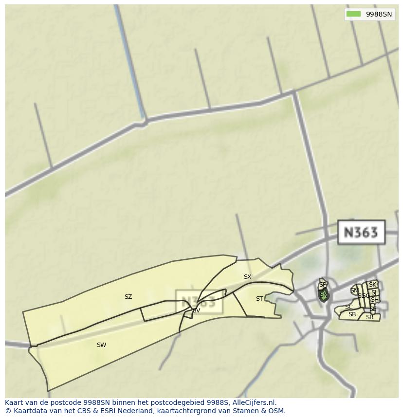 Afbeelding van het postcodegebied 9988 SN op de kaart.