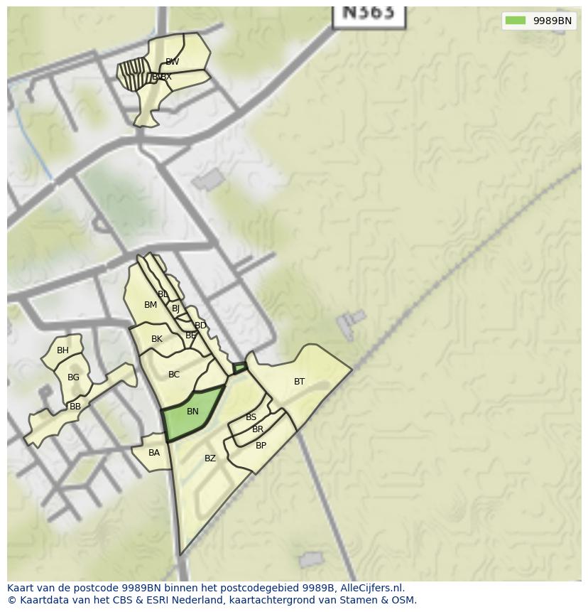 Afbeelding van het postcodegebied 9989 BN op de kaart.