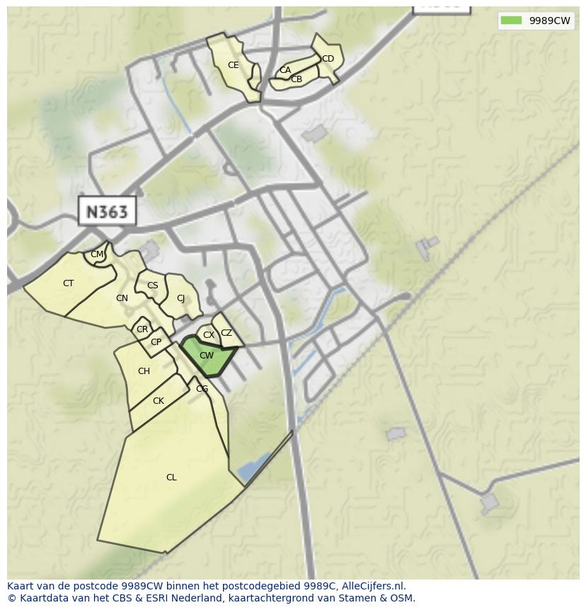 Afbeelding van het postcodegebied 9989 CW op de kaart.
