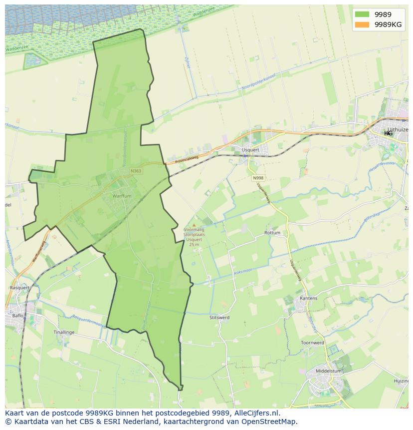 Afbeelding van het postcodegebied 9989 KG op de kaart.