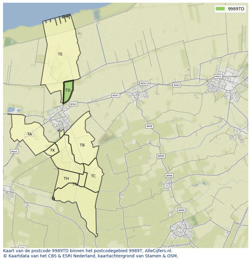 Afbeelding van het postcodegebied 9989 TD op de kaart.
