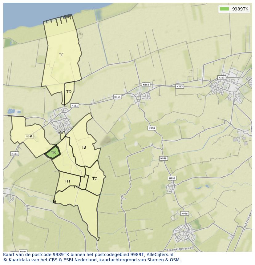 Afbeelding van het postcodegebied 9989 TK op de kaart.