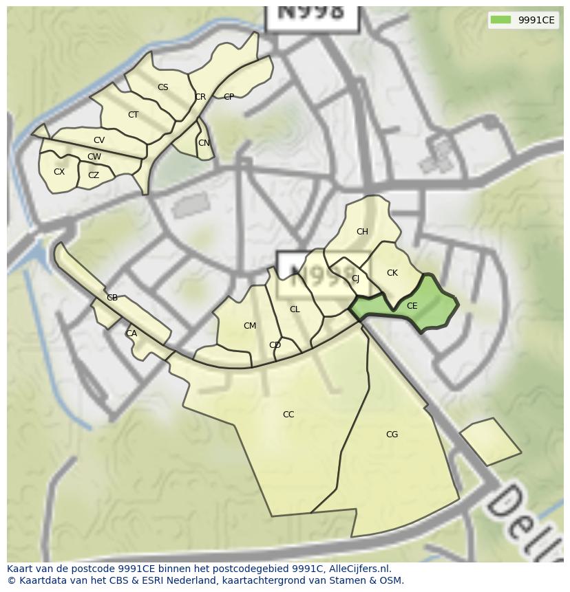 Afbeelding van het postcodegebied 9991 CE op de kaart.