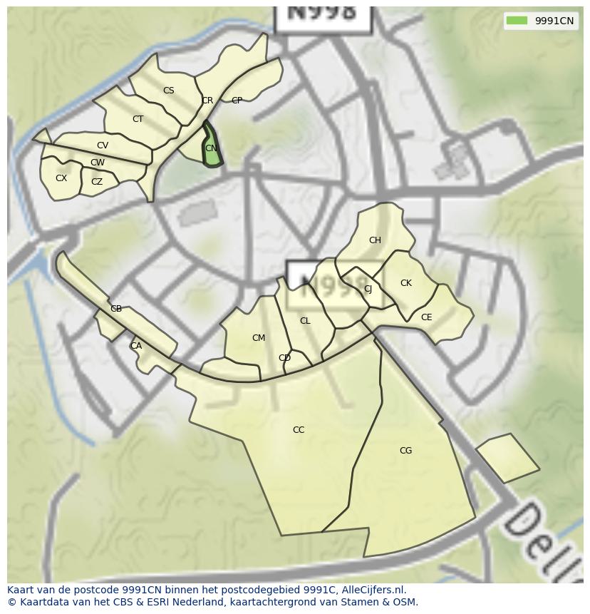 Afbeelding van het postcodegebied 9991 CN op de kaart.