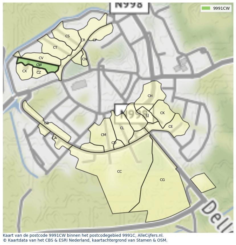 Afbeelding van het postcodegebied 9991 CW op de kaart.