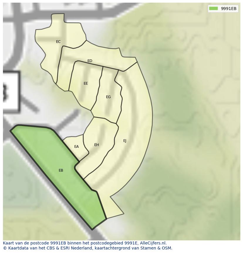 Afbeelding van het postcodegebied 9991 EB op de kaart.