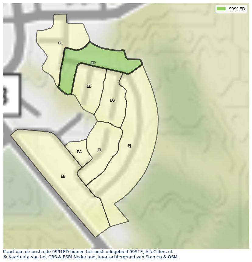 Afbeelding van het postcodegebied 9991 ED op de kaart.