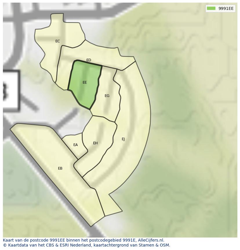 Afbeelding van het postcodegebied 9991 EE op de kaart.