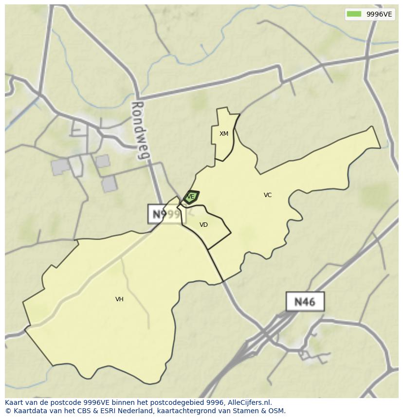 Afbeelding van het postcodegebied 9996 VE op de kaart.